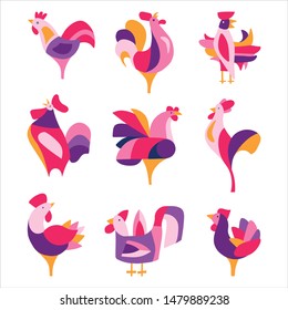 Set of vector roosters. Birds have purple and pink feathers. Vector colorful flat Icons on a white background.
