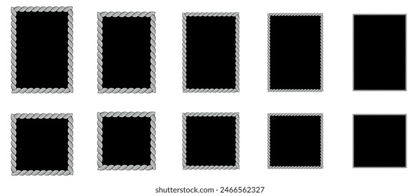 Set of Vector rope frames. Borders of square geometric shape. Collection of isolated elements on transparent background.