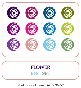 Set of vector rose flower. Vector illustration with various colors of stylized decorative flower. Rose template collection in vector for any design. Floral design element. Decorative flower shapes