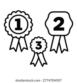 A set of vector rosette ribbons for ranking, including first, second, and third place, on a white background.
