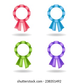 Set of vector rosettes. Decoration from rose, blue, green, violet ribbons. Symbol of a win. Multicolored blank rosettes for award of a winner. Realistic emblem of award or sale.