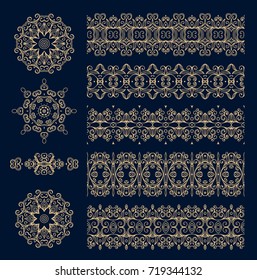 Set of vector rosettes - snowflakes and border ornaments on dark background
