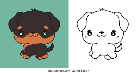 Set Vector Rottweiler Dog Multicolored and Black and White. Kawaii Clip Art Dog. Cute Vector Illustration of a Kawaii Animal for Stickers, Baby Shower, Coloring Pages. 