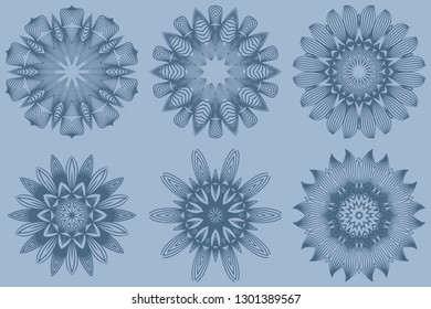 Set of Vector Round Abstract Mandala Style Decorative Element. Hand-Drawn Vector Illustration. Can Be Used For Textile, Greeting Card, Coloring Book, Phone Case Print. Pastel blue color.