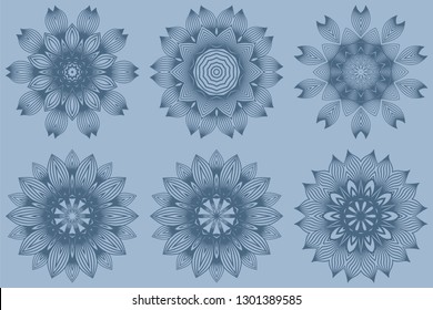 Set of Vector Round Abstract Mandala Style Decorative Element. Hand-Drawn Vector Illustration. Can Be Used For Textile, Greeting Card, Coloring Book, Phone Case Print. Pastel blue color.