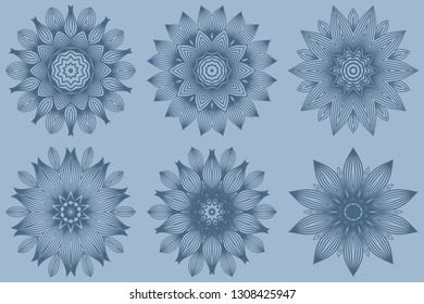 Set of Vector Round Abstract Mandala Style Decorative Element. Hand-Drawn Vector Illustration. Can Be Used For Textile, Greeting Card, Coloring Book, Phone Case Print. Pastel blue color.