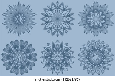 Set of Vector Round Abstract Mandala Style Decorative Element. Hand-Drawn Vector Illustration. Can Be Used For Textile, Greeting Card, Coloring Book, Phone Case Print. Pastel blue color.