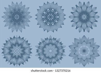 Set of Vector Round Abstract Mandala Style Decorative Element. Hand-Drawn Vector Illustration. Can Be Used For Textile, Greeting Card, Coloring Book, Phone Case Print. Pastel blue color.