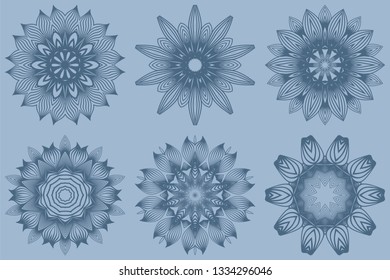 Set of Vector Round Abstract Mandala Style Decorative Element. Hand-Drawn Vector Illustration. Can Be Used For Textile, Greeting Card, Coloring Book, Phone Case Print. Pastel blue color.