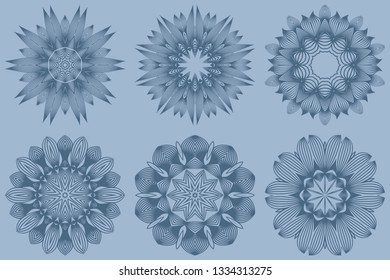 Set of Vector Round Abstract Mandala Style Decorative Element. Hand-Drawn Vector Illustration. Can Be Used For Textile, Greeting Card, Coloring Book, Phone Case Print. Pastel blue color.