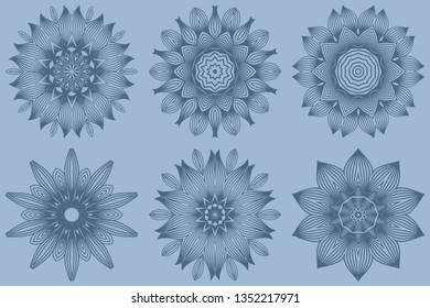 Set of Vector Round Abstract Mandala Style Decorative Element. Hand-Drawn Vector Illustration. Can Be Used For Textile, Greeting Card, Coloring Book, Phone Case Print. Pastel blue color.