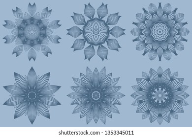 Set of Vector Round Abstract Mandala Style Decorative Element. Hand-Drawn Vector Illustration. Can Be Used For Textile, Greeting Card, Coloring Book, Phone Case Print. Pastel blue color.