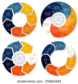 Set of vector round arrow infographic diagrams. Circular connected charts with 7 options. Paper progress steps for tutorial, manual. Spiral business concept sequence banner. EPS10 workflow layout.