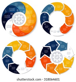 Set of vector round arrow infographic diagrams. Circular connected charts with 8 options. Paper progress steps for tutorial, manual. Spiral business concept sequence banner. EPS10 workflow layout.