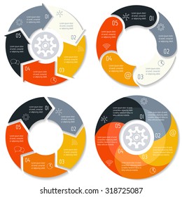 Set of vector round arrow infographic diagrams. Circular connected charts with 5 options. Paper progress steps for tutorial, manual. Spiral business concept sequence banner. EPS10 workflow layout.