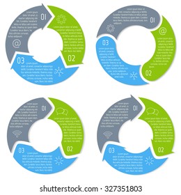 Set of vector round arrow infographic diagrams. Circular connected charts with 3 options. Paper progress steps for tutorial, manual. Business concept sequence banner. EPS10 workflow layout.