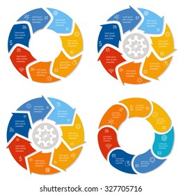 Set of vector round arrow infographic diagrams. Circular connected charts with 7 options. Paper progress steps for tutorial, manual. Business concept sequence banner. EPS10 workflow layout.