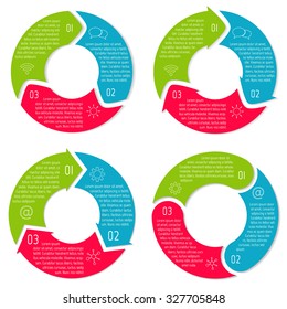 Set of vector round arrow infographic diagrams. Circular connected charts with 3 options. Paper progress steps for tutorial, manual. Business concept sequence banner. EPS10 workflow layout.