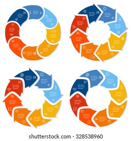 Set of vector round arrow infographic diagrams. Circular connected charts with 8 options. Paper progress steps for tutorial, manual. Business concept sequence banner. EPS10 workflow layout.