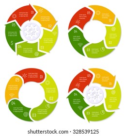 Set of vector round arrow infographic diagrams. Circular connected charts with 5 options. Paper progress steps for tutorial, manual. Business concept sequence banner. EPS10 workflow layout.