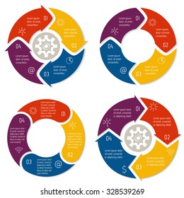 Set of vector round arrow infographic diagrams. Circular connected charts with 5 options. Paper progress steps for tutorial, manual. Business concept sequence banner. EPS10 workflow layout.