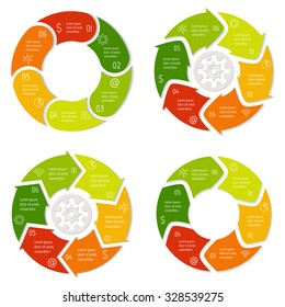 Set of vector round arrow infographic diagrams. Circular connected charts with 6 options. Paper progress steps for tutorial, manual. Business concept sequence banner. EPS10 workflow layout.
