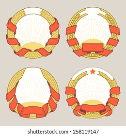 Set of vector round blazons and labels templates. Logotypes and badges stencils with various design elements. 