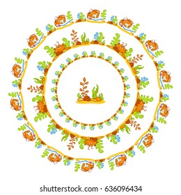 Set of vector round, circle frames. Cartoon illustration of kawaii crabs, seaweeds, corals and stones. Cute colors, yellow, orange, green, blue, brown color. Sweet childish design