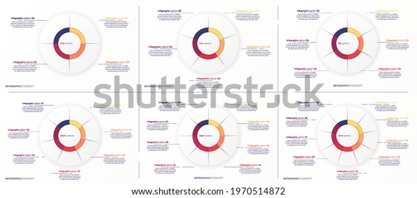 Set of vector round circle infographic chart\
templates divided by 4 5 6 7 8 9\
parts.