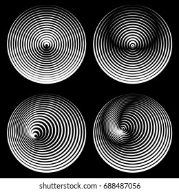 Set of vector round elements from lines of various thickness, forming an optical illusion.  Black and white abstract background