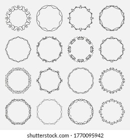 Set of vector round frames made of wavy intersecting lines. Vintage black decorative banners.