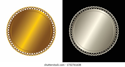 Set vector round golden and silver badge isolated, seal stamp gold luxury elegant banner icon, Vector illustration certificate silver foil seal or medal isolated.