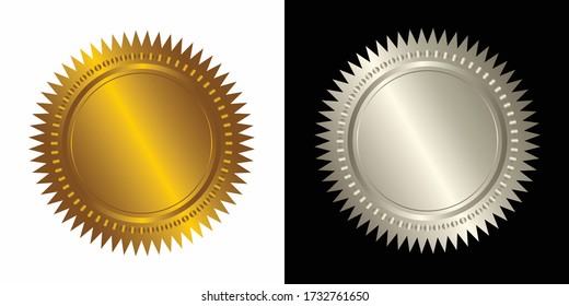 Set vector round golden and silver badge isolated, seal stamp gold luxury elegant banner icon, Vector illustration certificate silver foil seal or medal isolated.