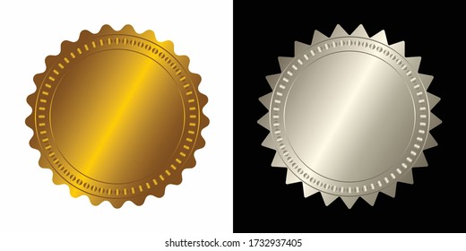 Set vector round golden and silver badge isolated, seal stamp gold luxury elegant banner icon, Vector illustration certificate silver foil seal or medal isolated.