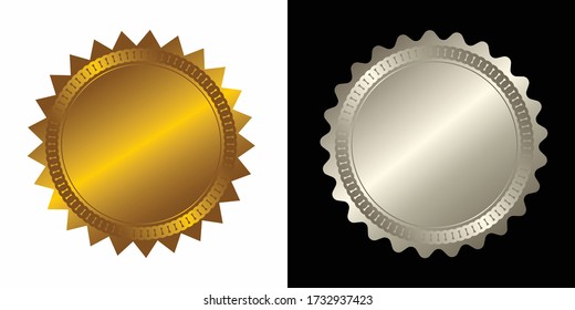 Set vector round golden and silver badge isolated, seal stamp gold luxury elegant banner icon, Vector illustration certificate silver foil seal or medal isolated.