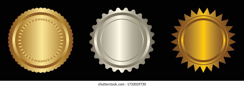 Setze Vektor rund goldfarben und silber Abzeichen isoliert, Siegel Stempel Gold Luxus elegante Banner Ikone, Vector Illustrationszertifikat Silber Folie Siegel oder Medaille isoliert.