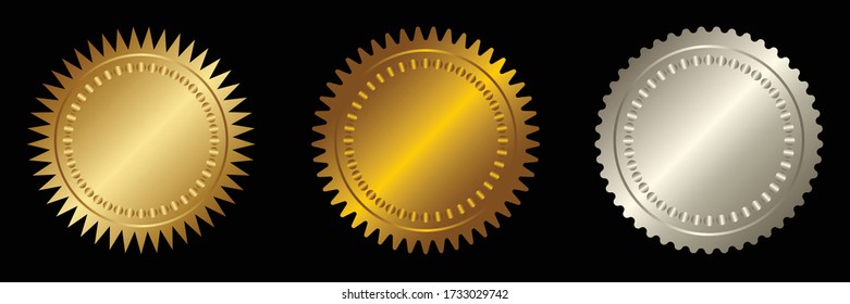 Set vector round golden and silver badge isolated, seal stamp gold luxury elegant banner icon, Vector illustration certificate silver foil seal or medal isolated.