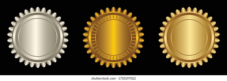 Set vector round golden and silver badge isolated, seal stamp gold luxury elegant banner icon, Vector illustration certificate silver foil seal or medal isolated.