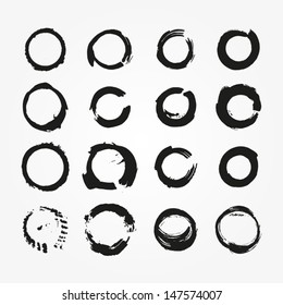 Set of vector round grunge frames. Hand drawn design elements. Abstract ink shapes isolated on white