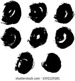 Set of vector round grunge frames. Hand drawn design elements. Abstract ink shapes isolated on white