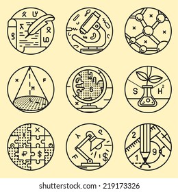 Set of vector round icon.History, biology, microbiology, physics, chemistry, geometry, algebra, arithmetic, geography, agronomy, logic, economics, engineering.