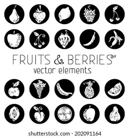 Set of vector round icons with fruits and berries. 20 black flat icons isolated on white background. 