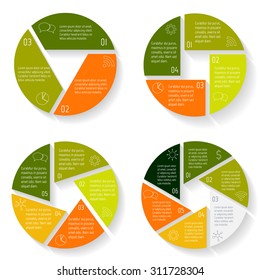 Set of vector round infographic diagrams. Circular connected charts with options. Paper progress steps for tutorial. Business concept sequence banners. EPS10 workflow layout collection.