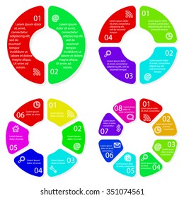 Set of vector round infographic diagrams. Circular charts with 2, 4, 6, 8 options. EPS10 workflow layouts.