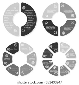 Set of vector round infographic diagrams. Circular charts with 2, 4, 6, 8 options. EPS10 workflow layouts. 