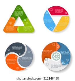 Set of vector round infographics diagrams. Circular connected charts with 3 options. Paper progress steps for tutorial. Business concept sequence banners. EPS10 workflow layout collection.