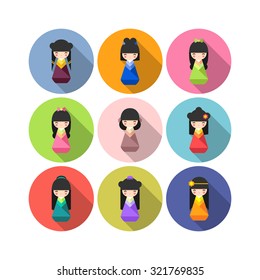 Set of vector round Japanese Kokeshi Doll icons 