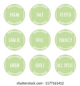 Set of vector round labels. Stickers with names of herbs and spices for kitchen jars or containers. Hand drawn elements for your design. Graphic illustration