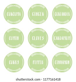 Set of vector round labels. Stickers with names of herbs and spices for kitchen jars or containers. Hand drawn elements for your design. Graphic illustration