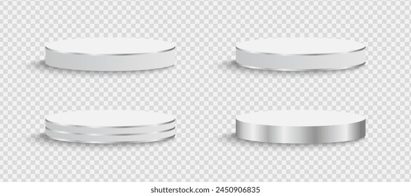 Conjunto de podios redondos de Vector blanco mate con Elementos plateados aislados sobre un fondo transparente.